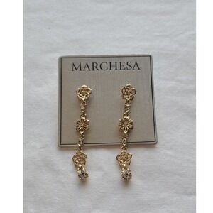 Marchesa Gold Tone Crystal Flower Drop Dangle Earrings
